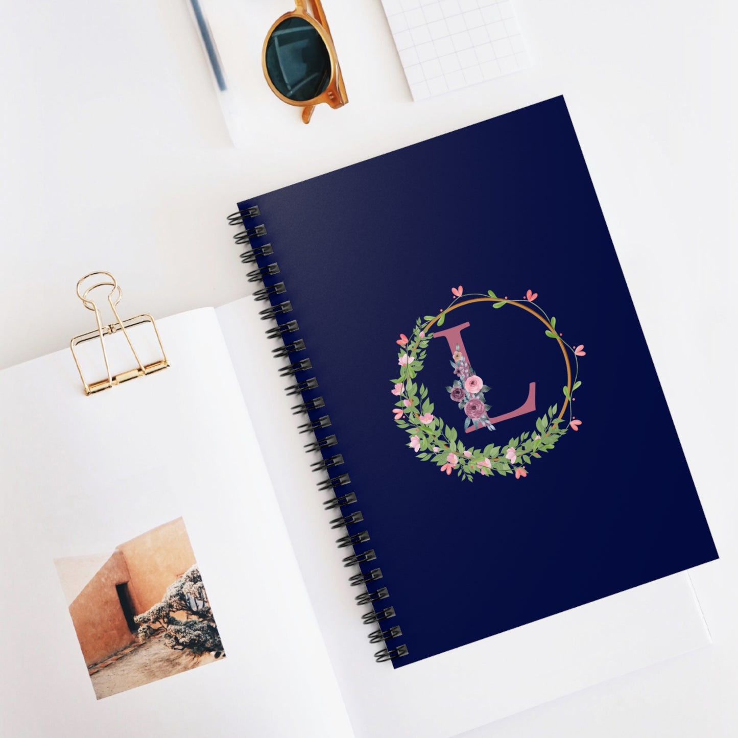 Monogram “L” Initial Floral Spiral Notebook – Navy Blue Ruled Journal for Notes & Gifts