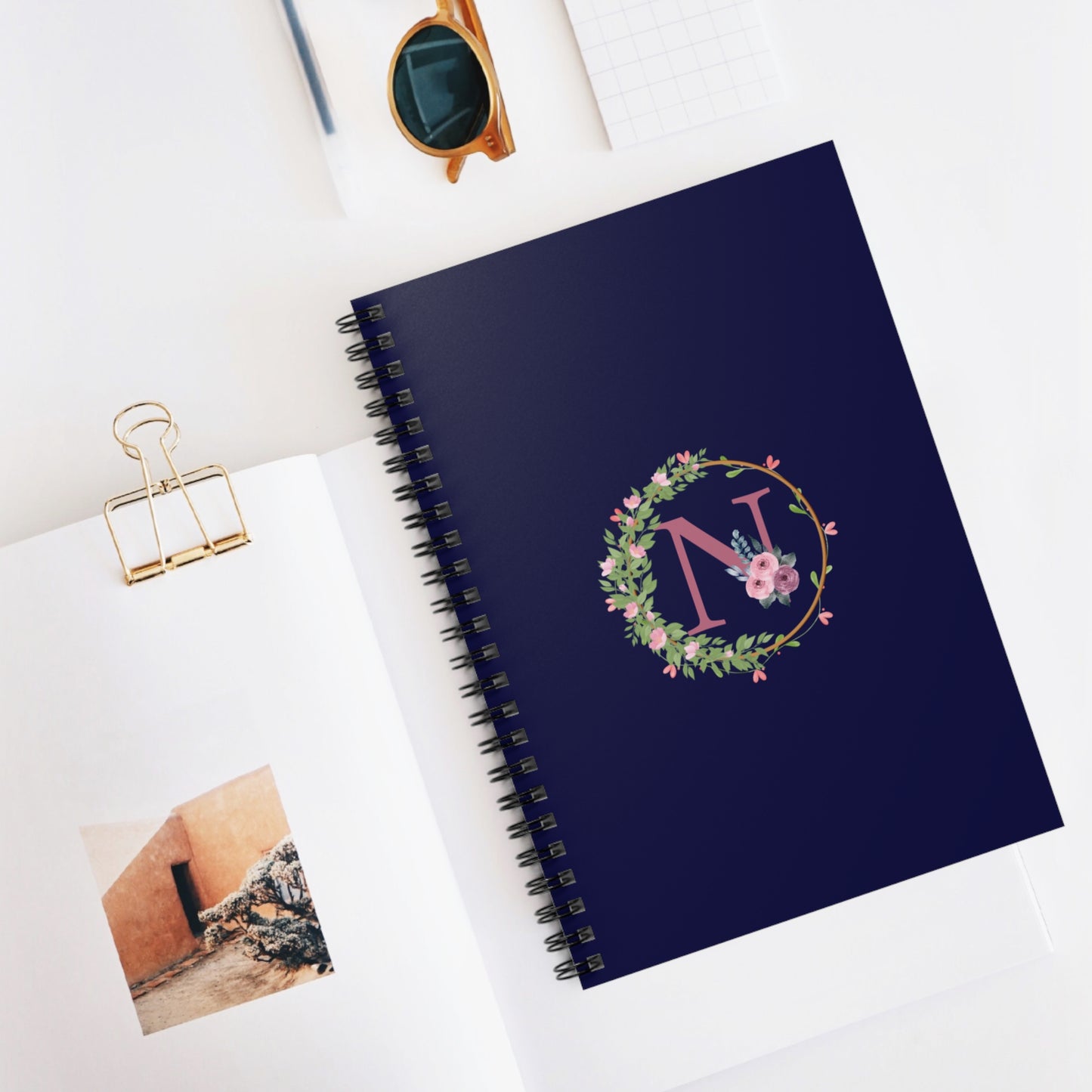 Monogram “N” Initial Floral Spiral Notebook – Navy Blue Ruled Journal for Notes & Gifts