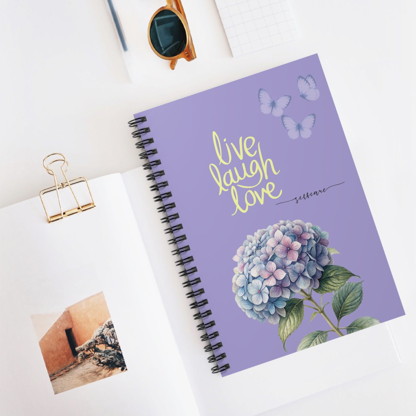 Live Laugh Love Hydrangea Spiral Notebook — Floral Butterfly Ruled Journal