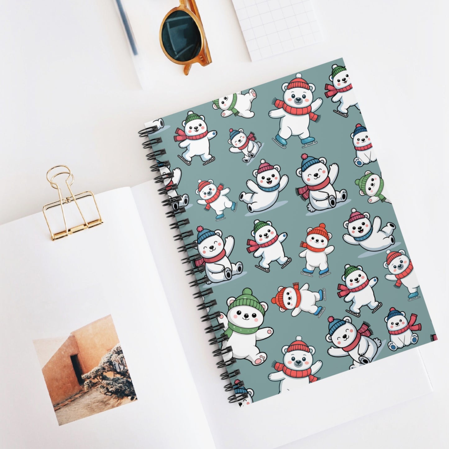 Cute Polar Bear Pattern Spiral Notebook — Holiday Snowman Bears Ruled Journal