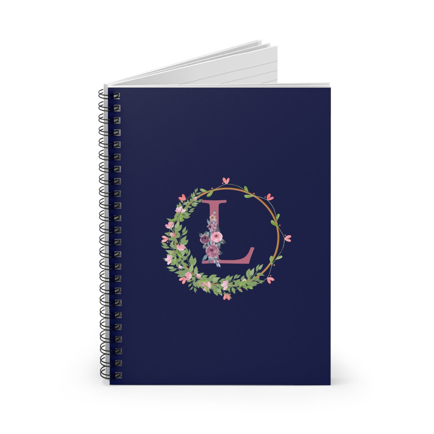 Monogram “L” Initial Floral Spiral Notebook – Navy Blue Ruled Journal for Notes & Gifts