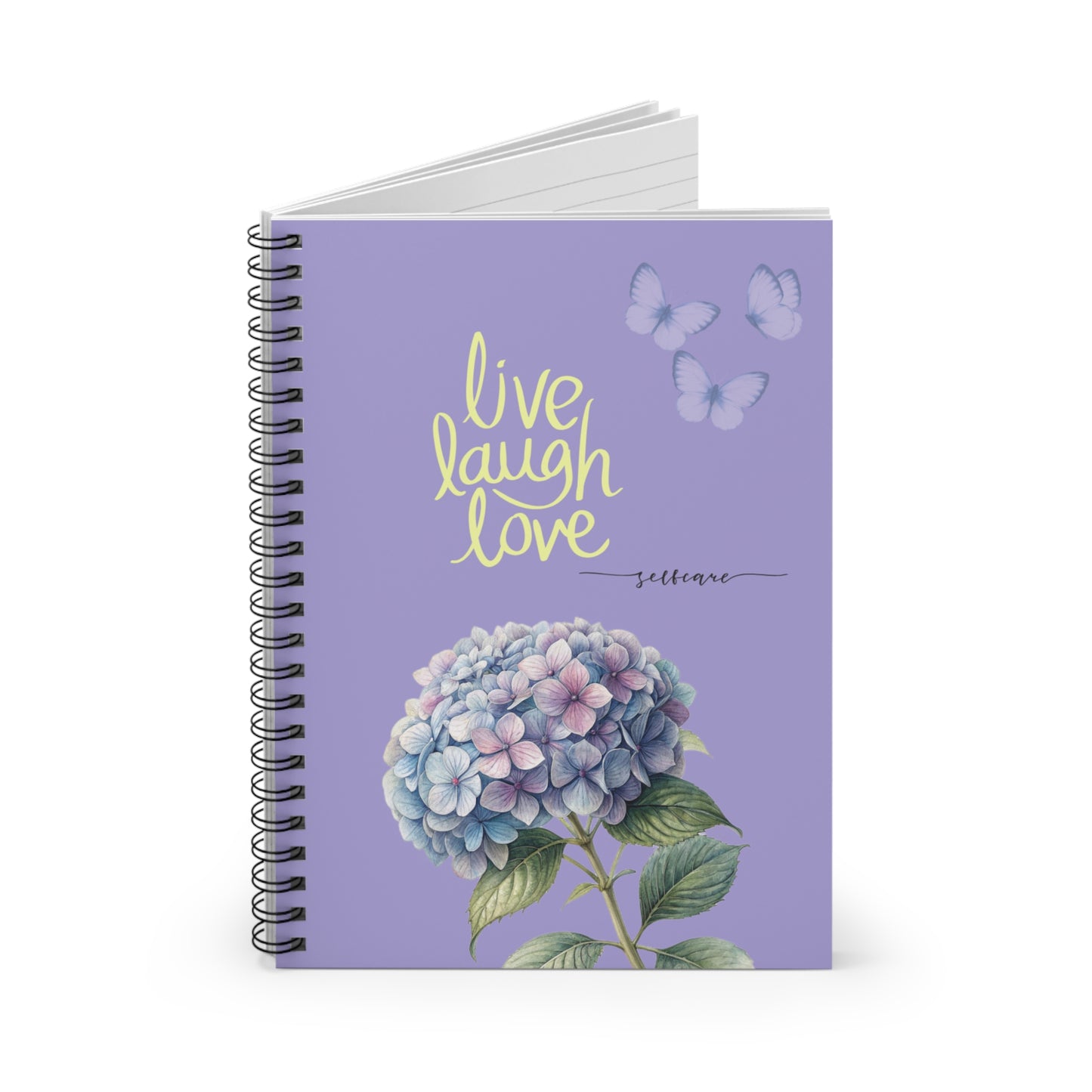 Live Laugh Love Hydrangea Spiral Notebook — Floral Butterfly Ruled Journal