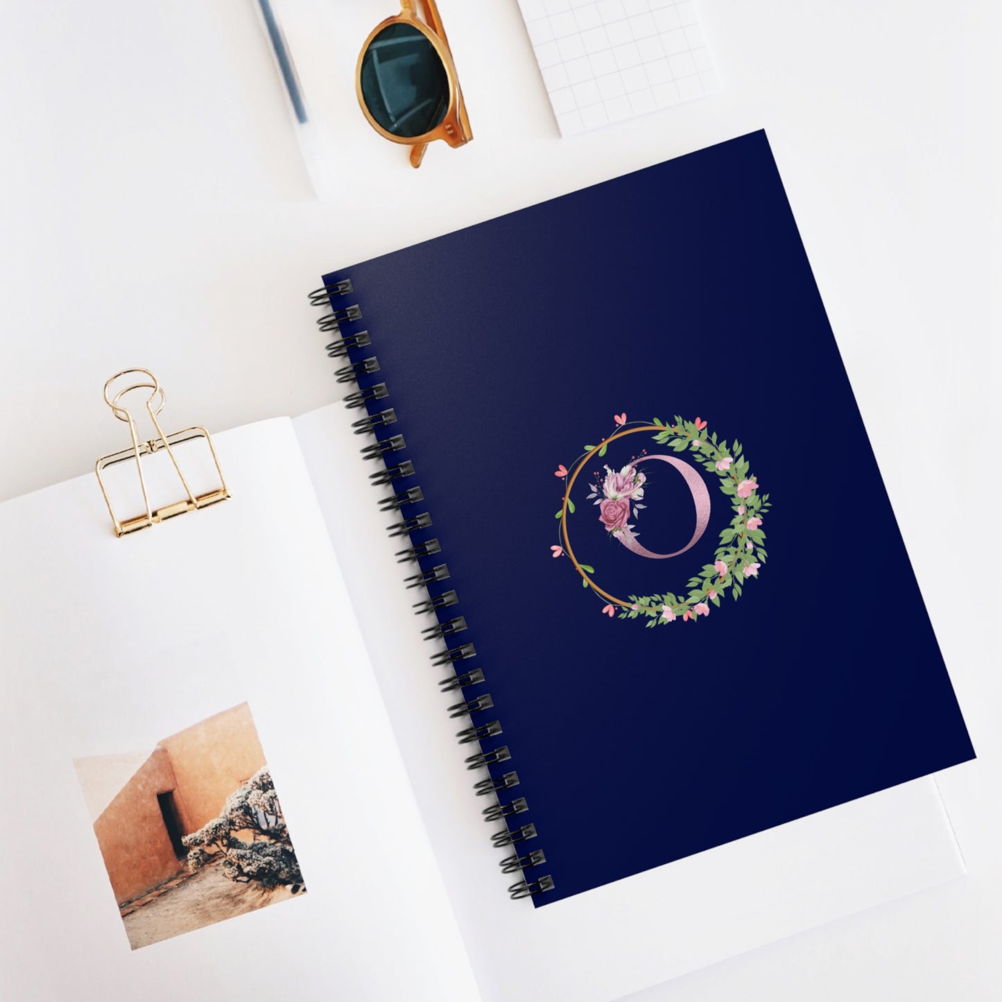 Monogram “O” Initial Floral Spiral Notebook – Navy Blue Ruled Journal for Notes & Gifts