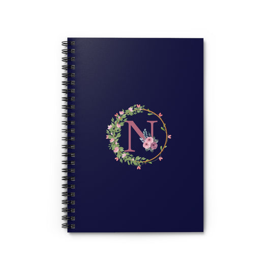 Monogram “N” Initial Floral Spiral Notebook – Navy Blue Ruled Journal for Notes & Gifts