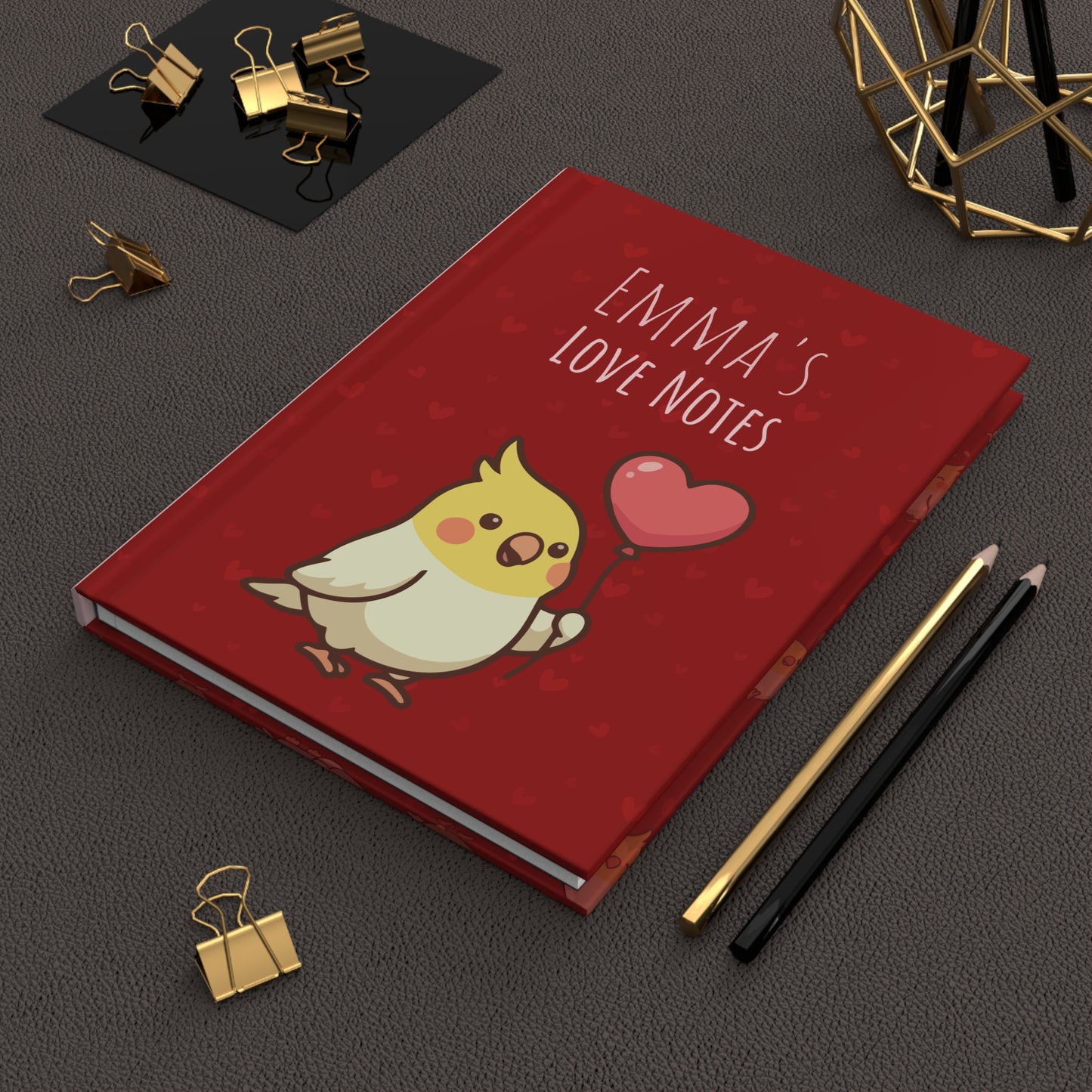 Personalized Valentine Hardcover Journal | Cockatiel Heart Balloon Notebook | Custom Love Notes Gift