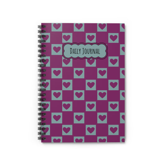 Daily Journal Spiral Notebook — Pink & Teal Heart Checkerboard Ruled Notebook