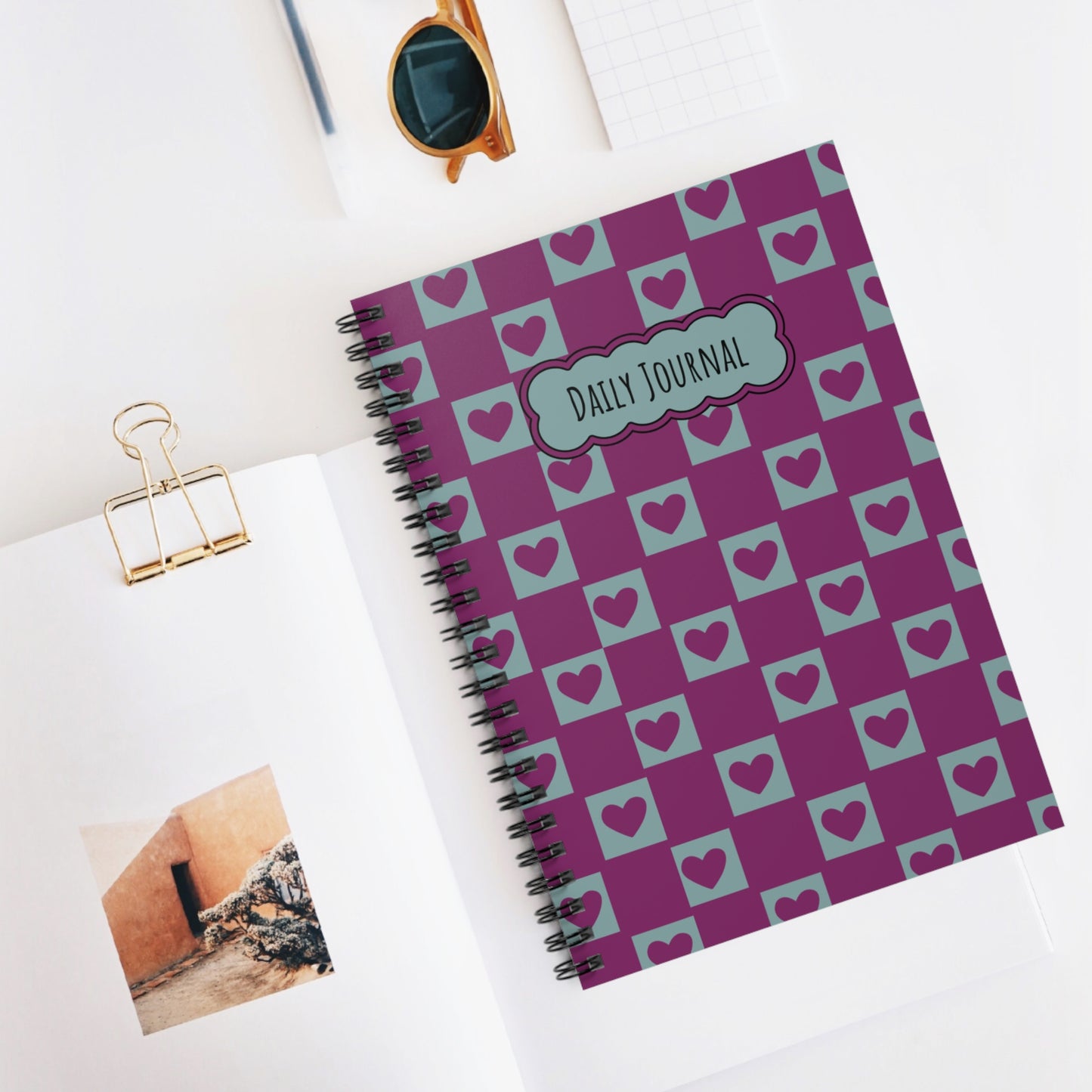 Daily Journal Spiral Notebook — Pink & Teal Heart Checkerboard Ruled Notebook