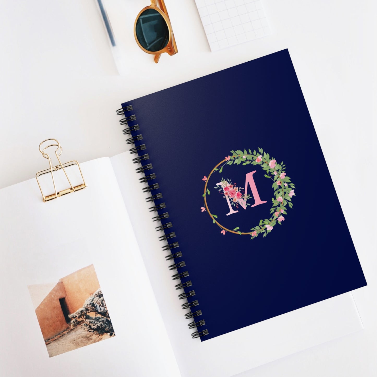 Monogram “M” Initial Floral Spiral Notebook, Navy Blue Ruled Journal for Writing, Office, School & Gifts