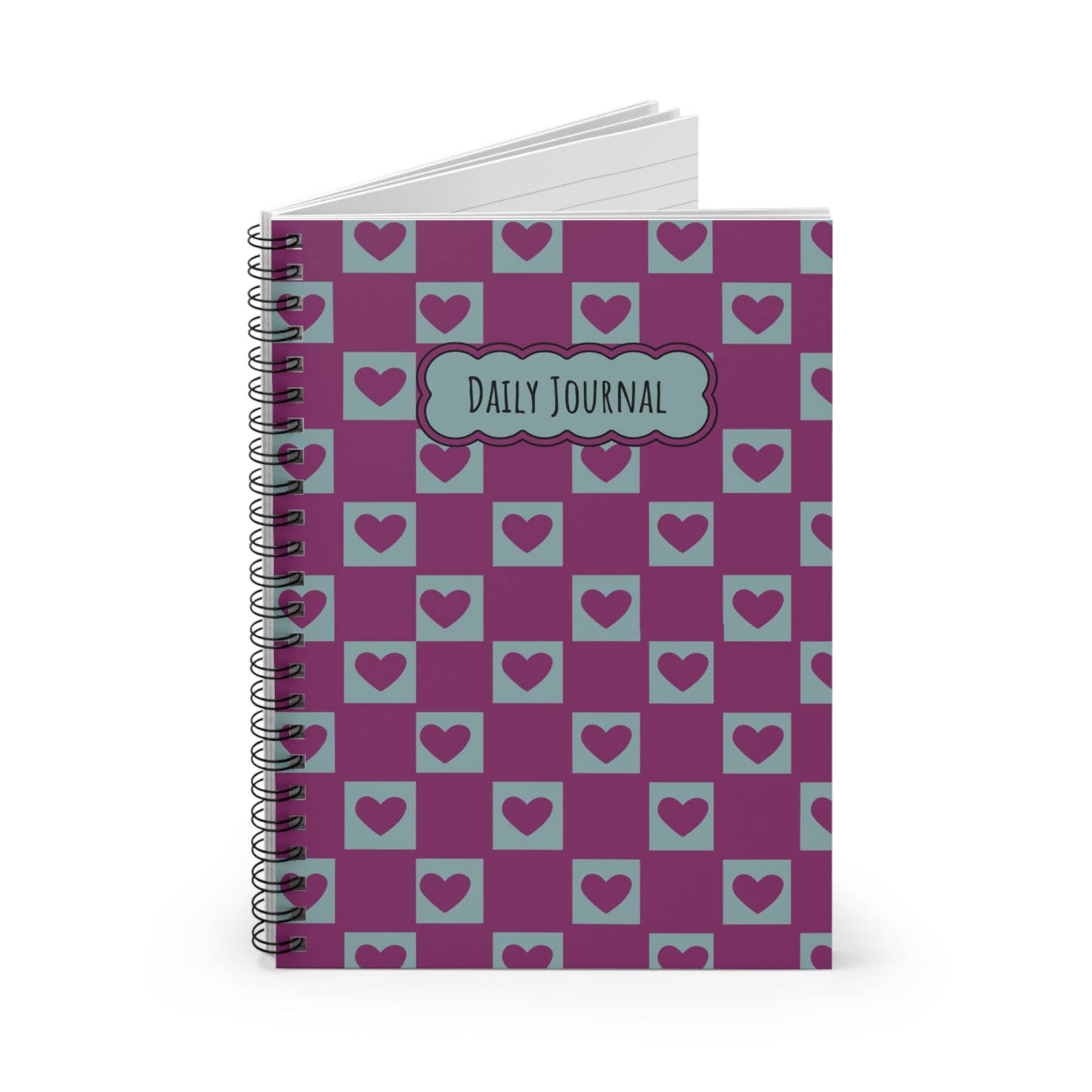 Daily Journal Spiral Notebook — Pink & Teal Heart Checkerboard Ruled Notebook