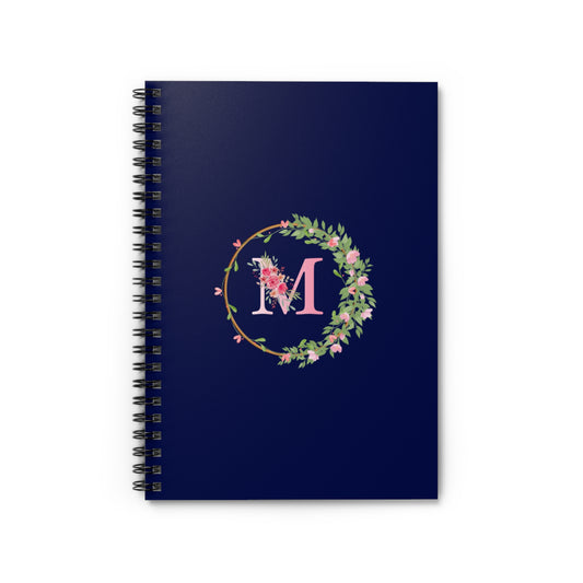 Monogram “M” Initial Floral Spiral Notebook, Navy Blue Ruled Journal for Writing, Office, School & Gifts