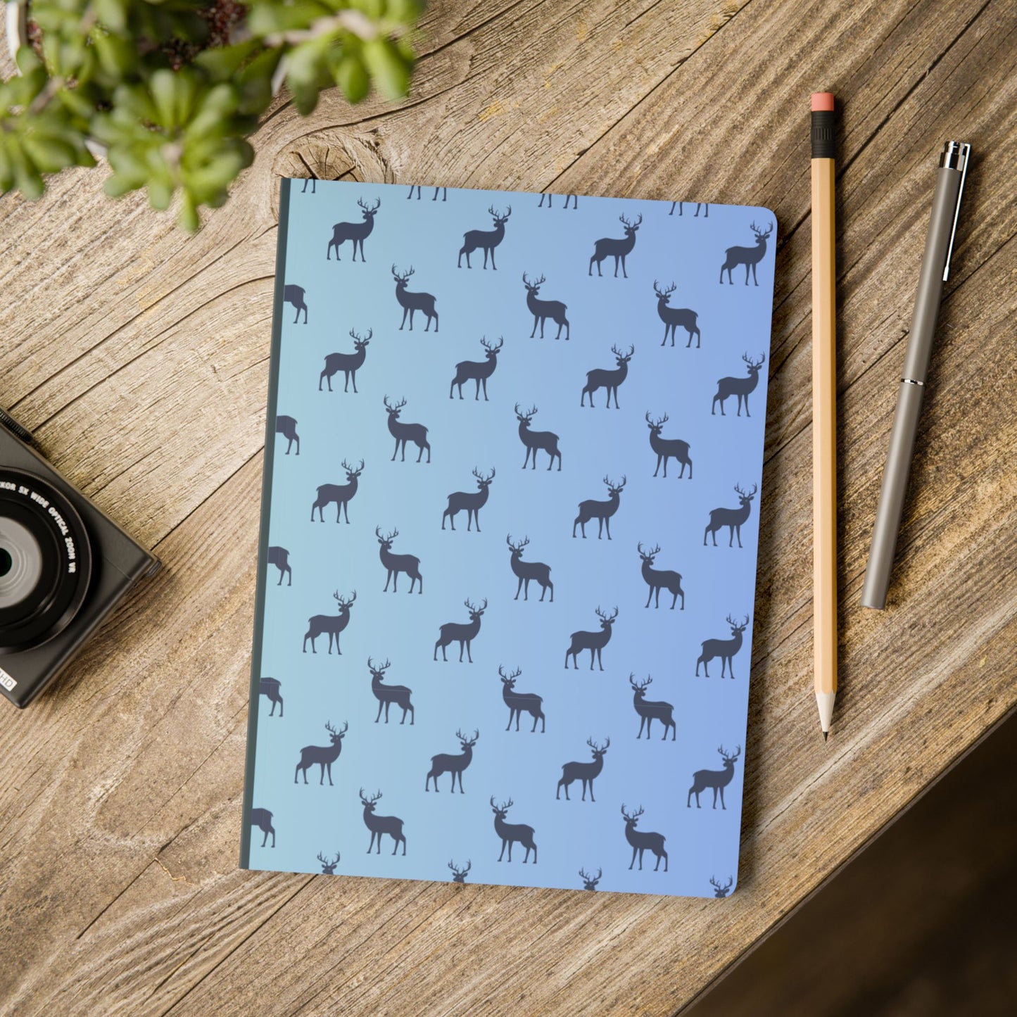 Deer Pattern Softcover Journal — Gradient Blue-Green Notebook with Inside Prints