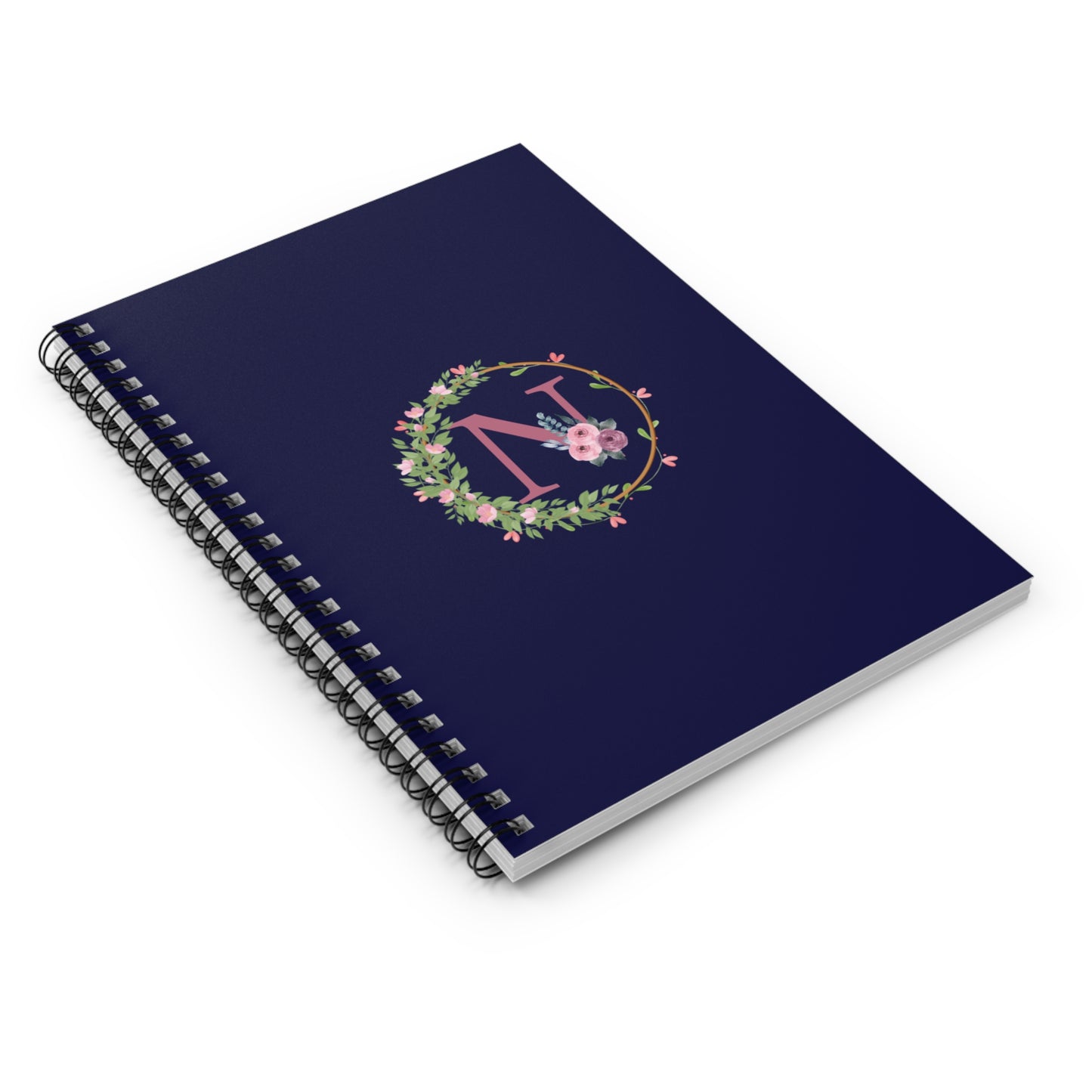 Monogram “N” Initial Floral Spiral Notebook – Navy Blue Ruled Journal for Notes & Gifts