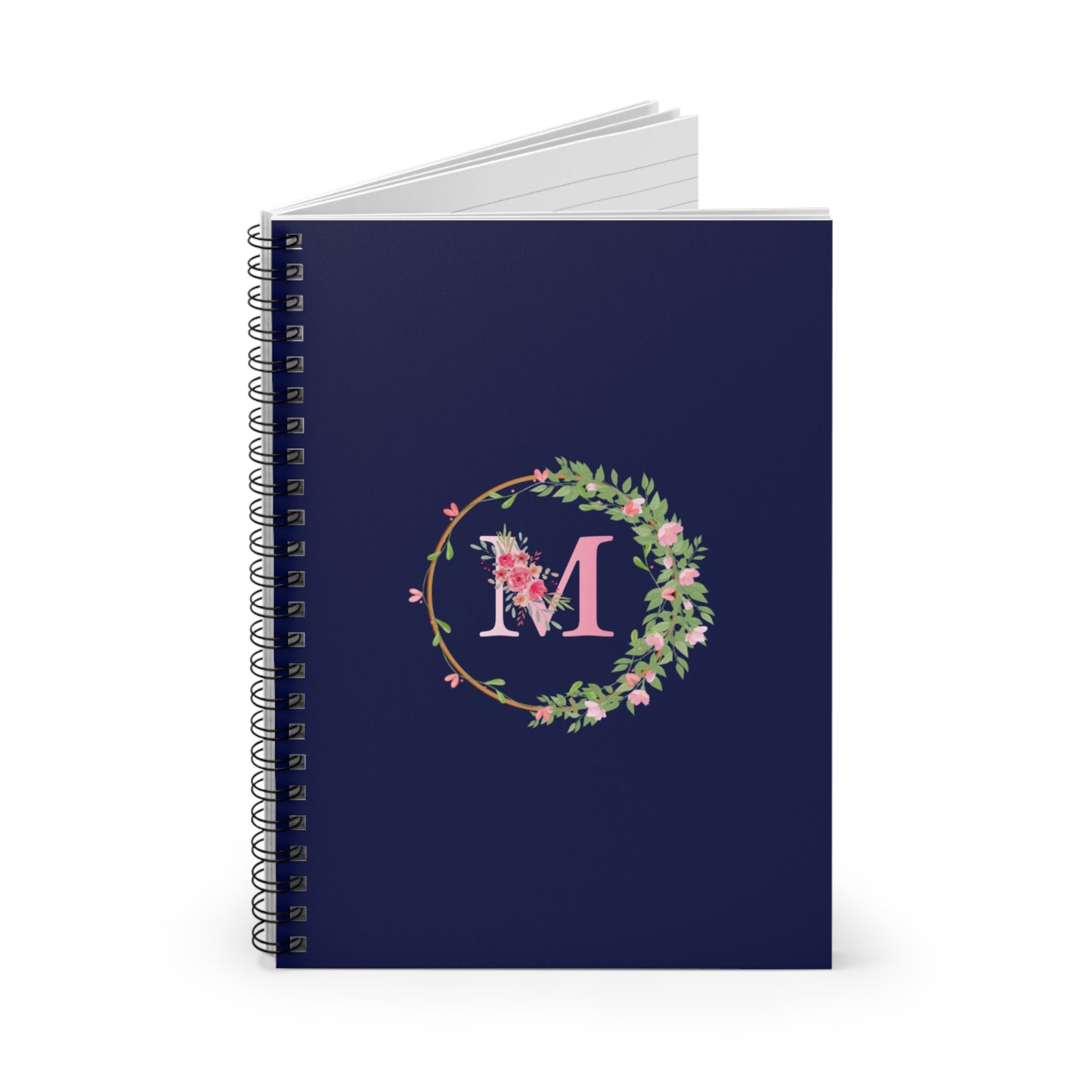 Monogram “M” Initial Floral Spiral Notebook, Navy Blue Ruled Journal for Writing, Office, School & Gifts