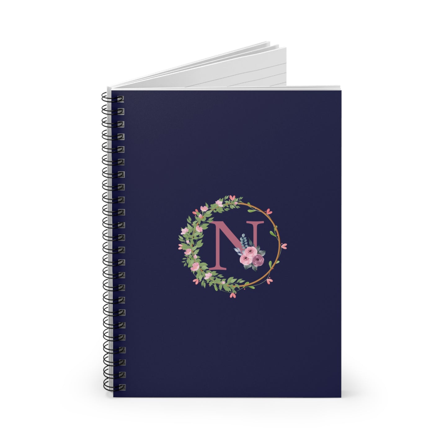 Monogram “N” Initial Floral Spiral Notebook – Navy Blue Ruled Journal for Notes & Gifts