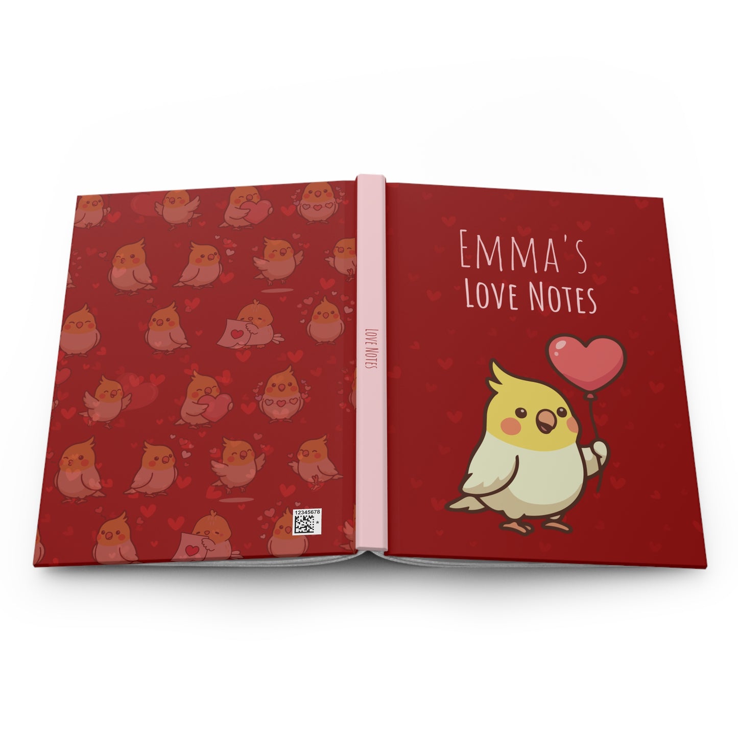 Personalized Valentine Hardcover Journal | Cockatiel Heart Balloon Notebook | Custom Love Notes Gift