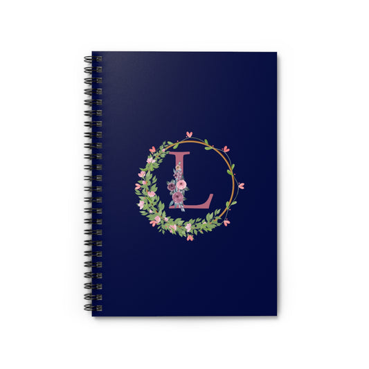 Monogram “L” Initial Floral Spiral Notebook – Navy Blue Ruled Journal for Notes & Gifts